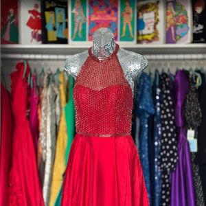 Sherri Hill Size 6 Red Halter Beaded Slit Skirt Maxi Gown w Pockets Prom Pageant